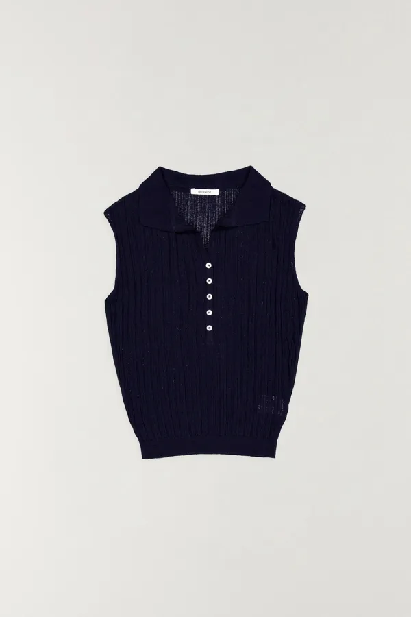 린넨 플리츠 폴로 니트 탑 DARK NAVY