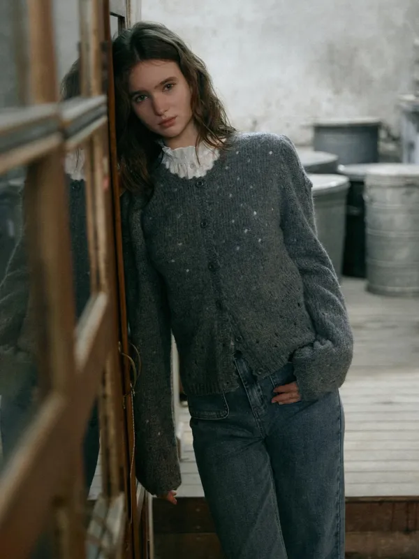 ELLIN ribbon punching knit cardigan_charcoal