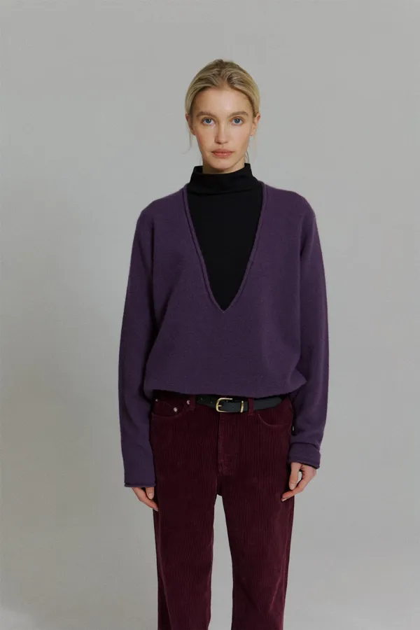 Deep V-neck Sweater in Eggplant