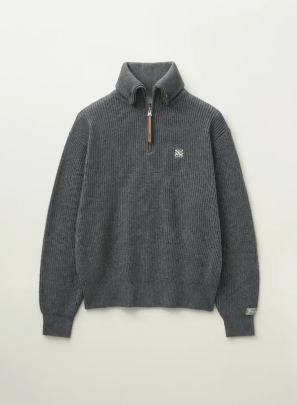 Button Up Sailor Half Knit Zip-up - Charcoal
