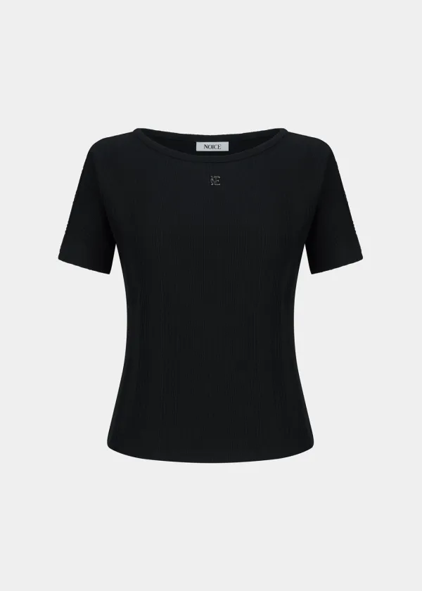 W BOAT-NECK LOGO RIBBED T-SHIRT - BLACK