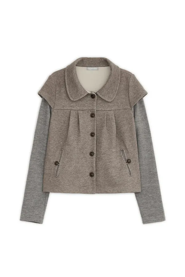 Round collar shirring knit jacket (Beige)