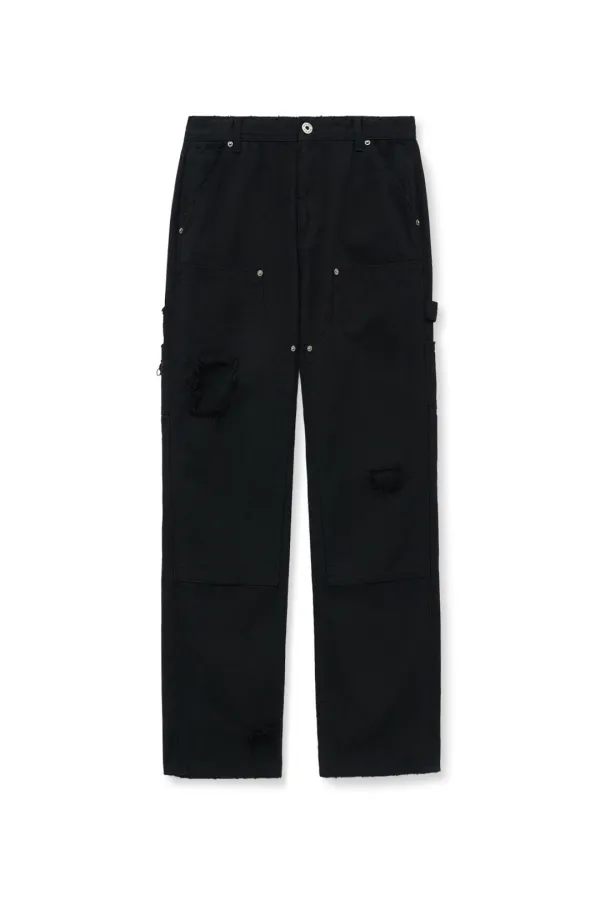 DISTRESSED DOUBLE KNEE WORK PANTS FOR MEN IN BLACK