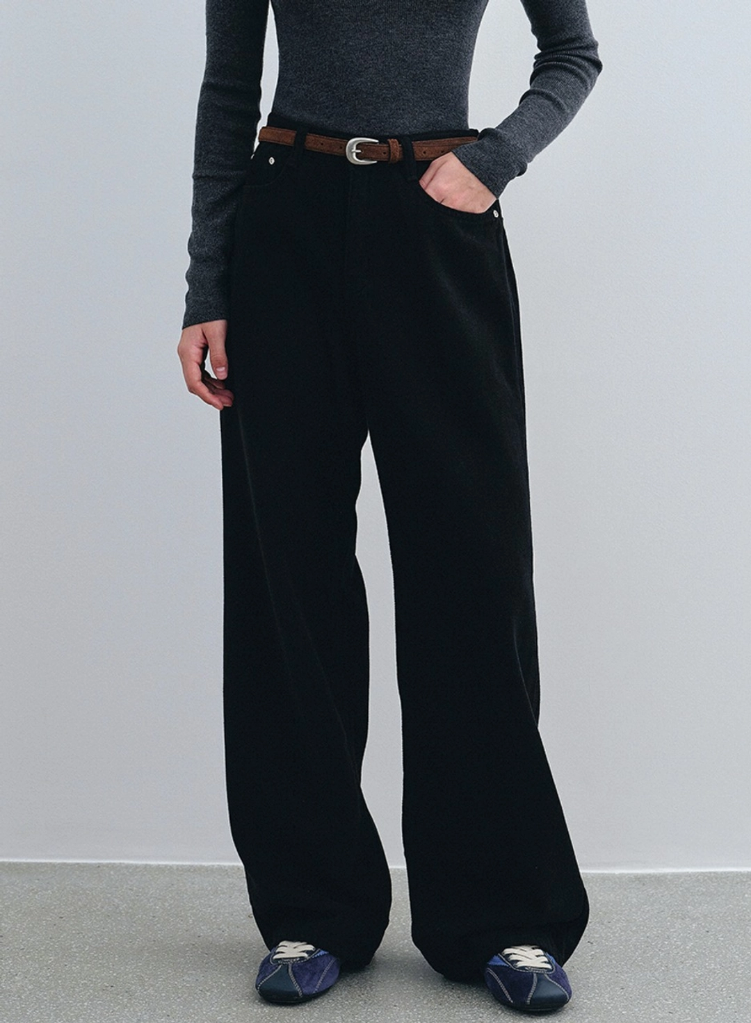 로에일 기모 롱 와이드 코튼 팬츠 - 블랙 상품 이미지 2