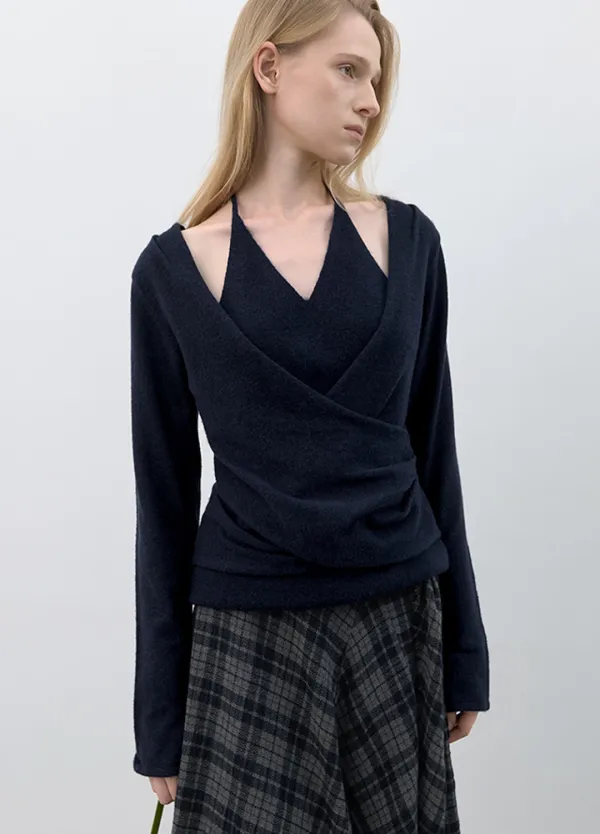 (T-7353)CROSS DRAPED HALTER LAYERD SLIM KNIT