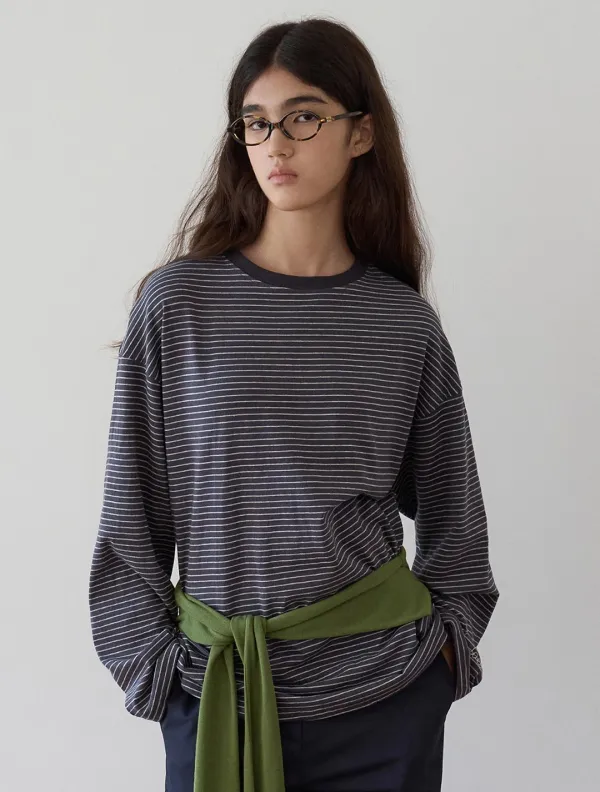 Embroidery stripe contrast T-shirt_Charcoal