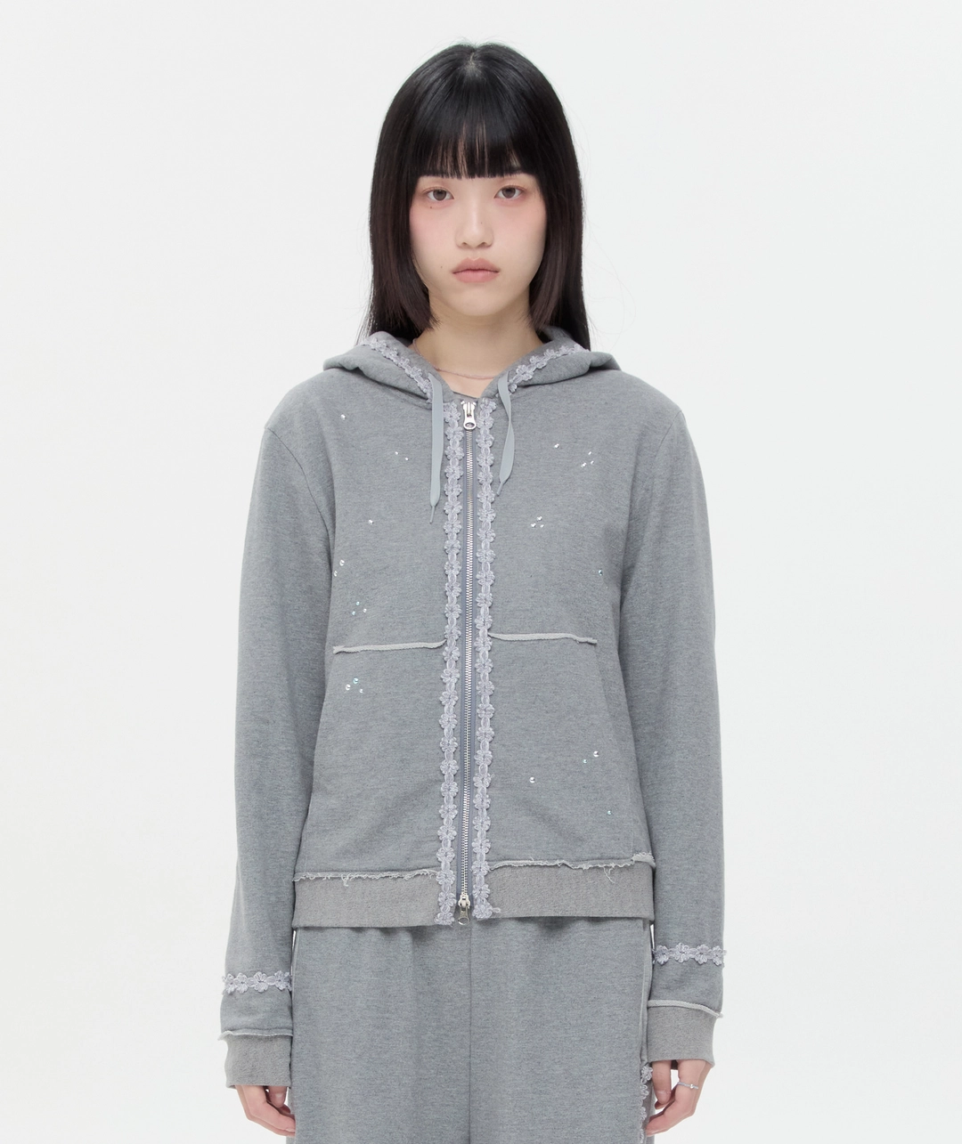 타입서비스 Lace Trim Hotfix Zip Hoodie [Gray] 상품 이미지 1