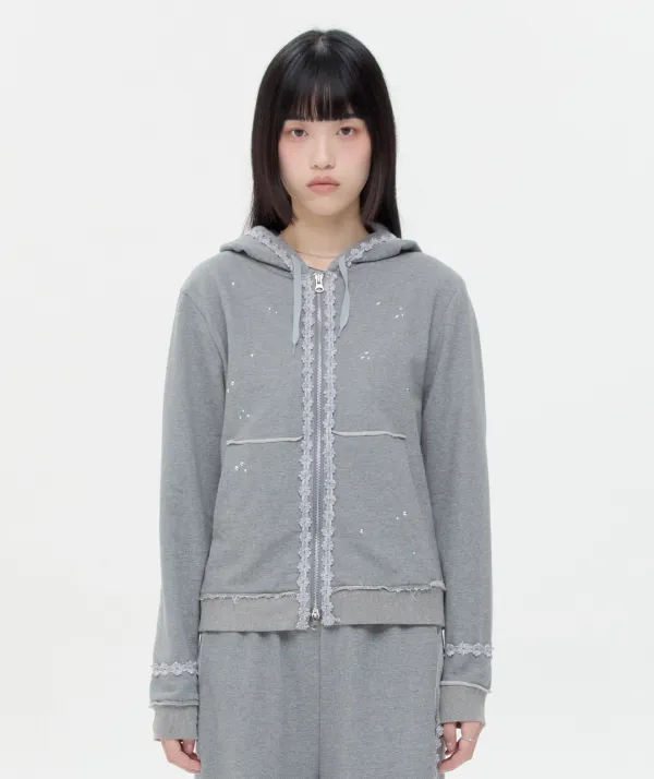 Lace Trim Hotfix Zip Hoodie [Gray]