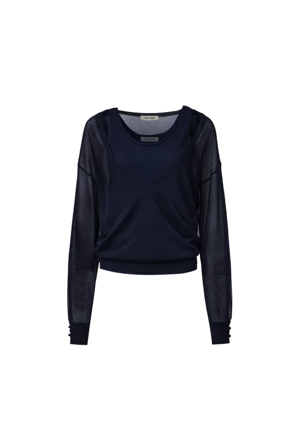 SHEER V-NECK KNIT & SLEEVELESS SET UP [DARK NAVY]