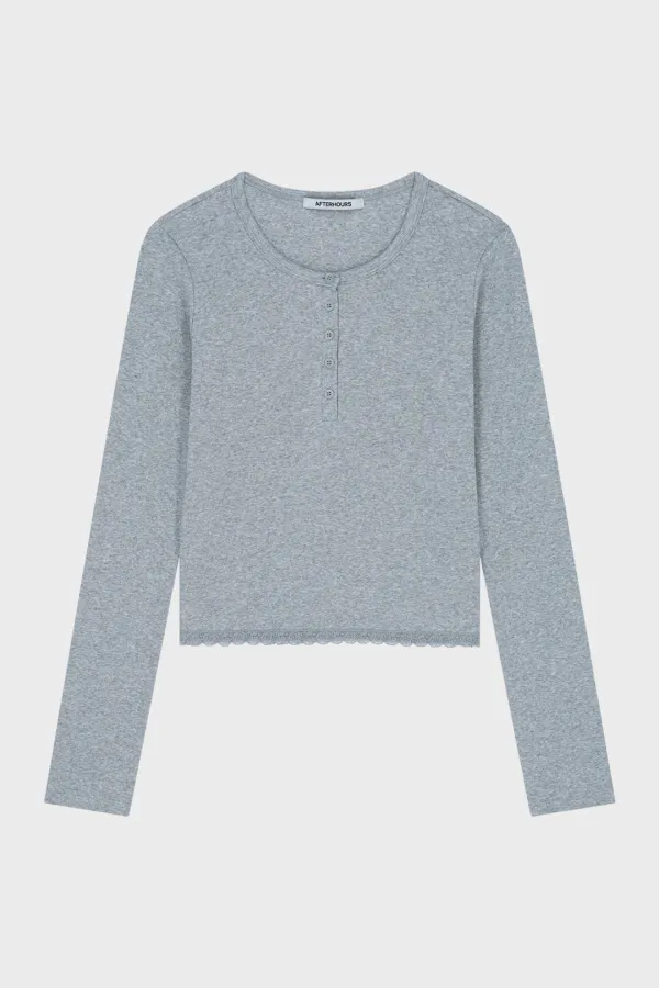 HENLEY NECK LACE HEM T-SHIRT (MELANGE GREY)