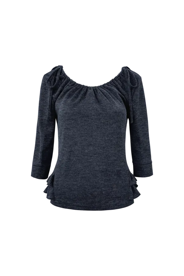 SHIRRED MID-SLEEVE FRILL TOP (NAVY)