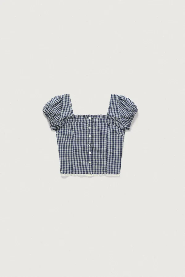 ROSE PLEATS SQUARE NECK BLOUSE [NAVY(CHECK)]