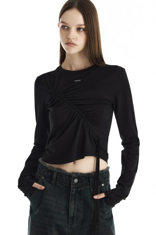Shirred Wave Detail Crop Long Sleeve [ Black ]