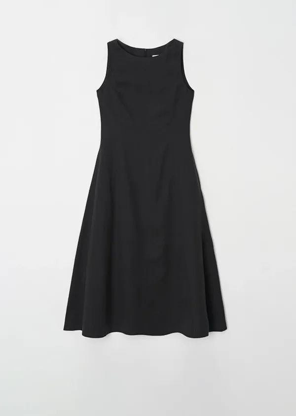 linen sleeveless boat neck long flare dress-black