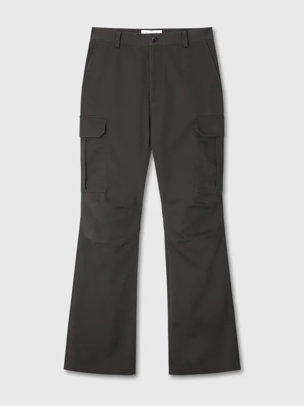 WASHED COTTON LOOSE FLARED CARGO PANTS_ EBONY