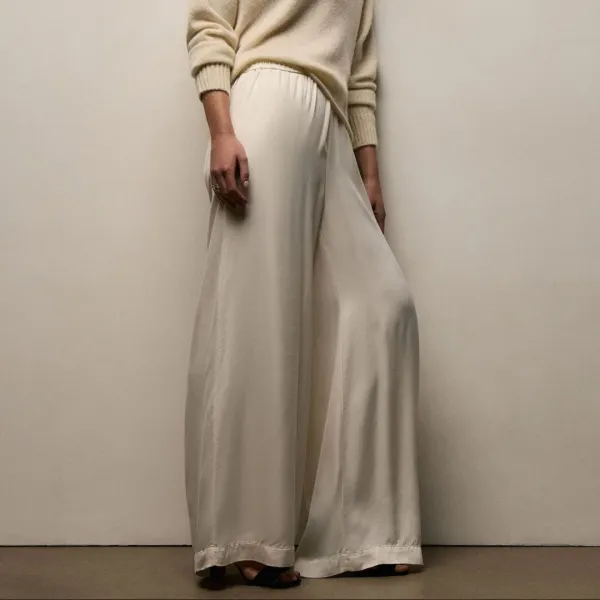 Satin Drawstring Wide Leg Pant - Ivory Pigment