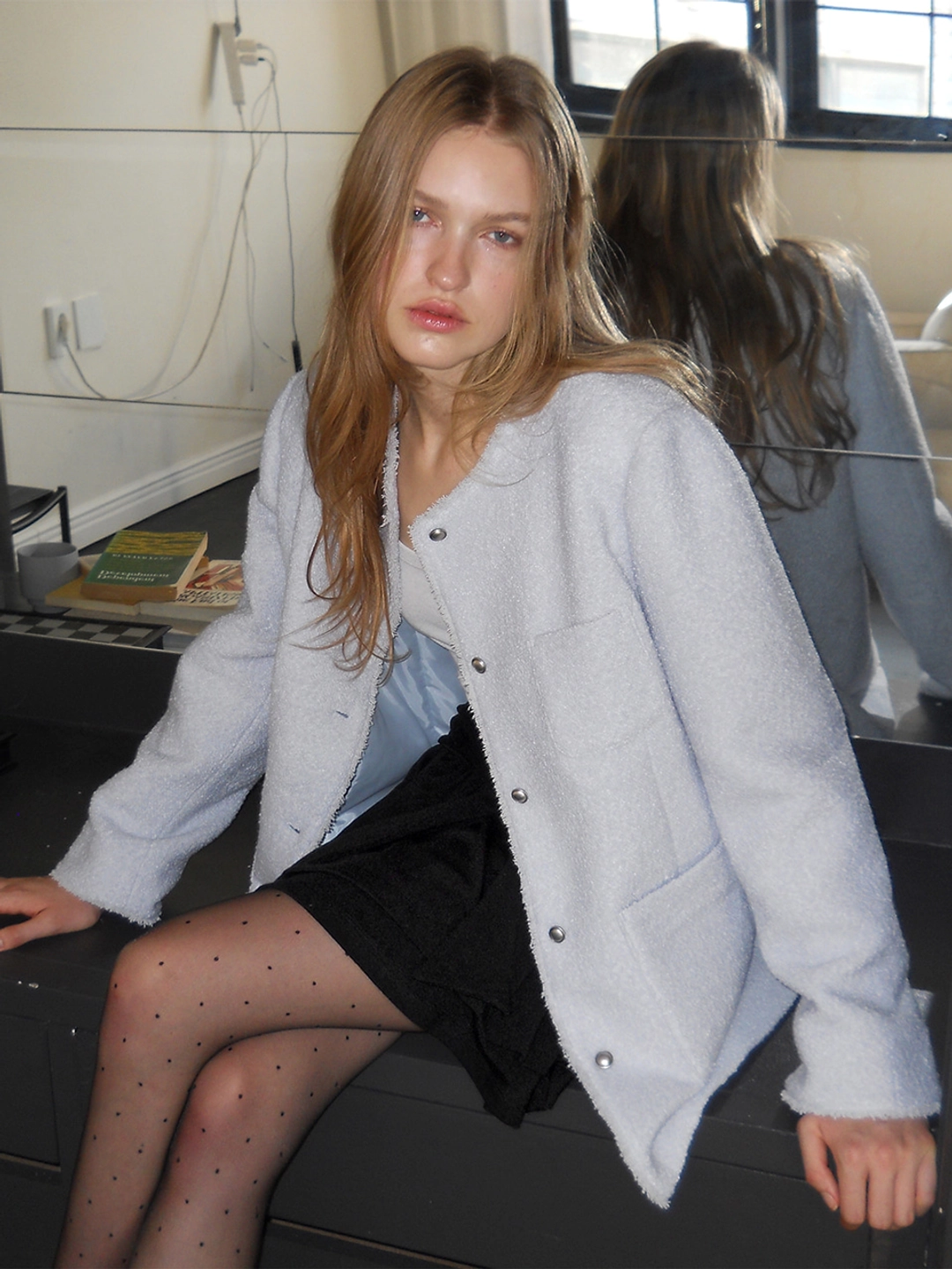 에트몽 Round Fringe Tweed Jacket, Light Blue 상품 이미지 2