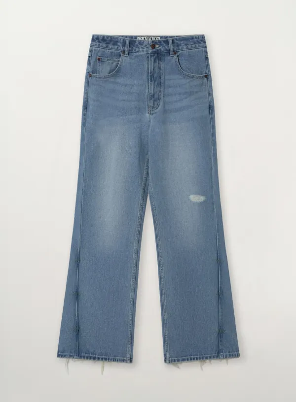 Damage Washed Flare Fit Denim Pants - Blue