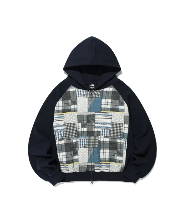 patchwork raglan crop hoodie zip up[navy]