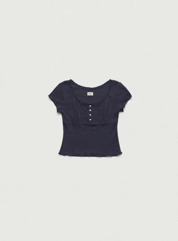 Cotton Eyelet Button Top_Navy