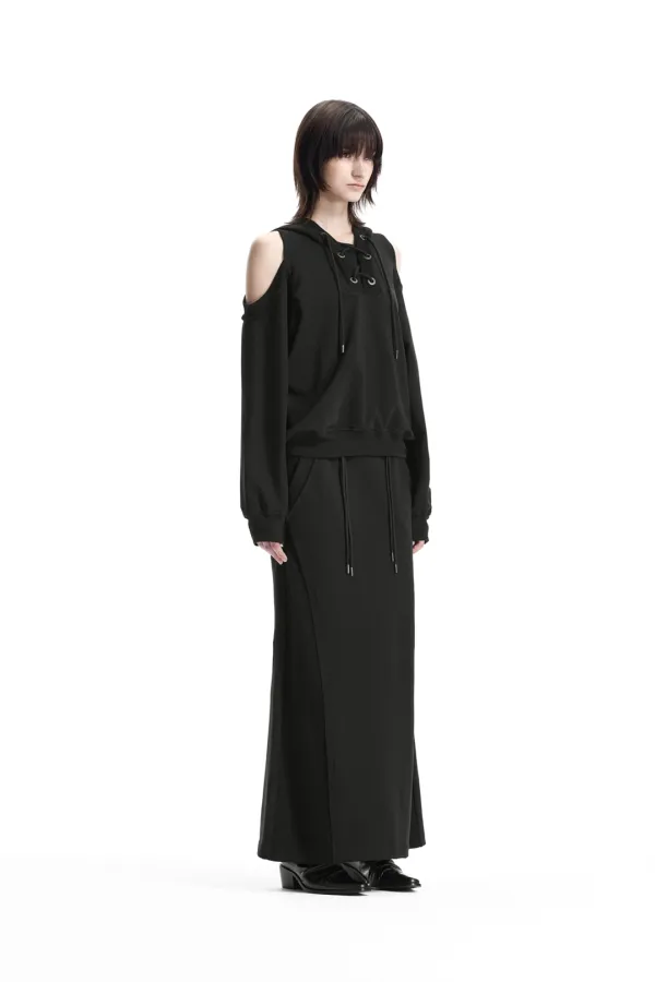 Lace-Up Eyelet Set-Up Hoodie [ Black ]