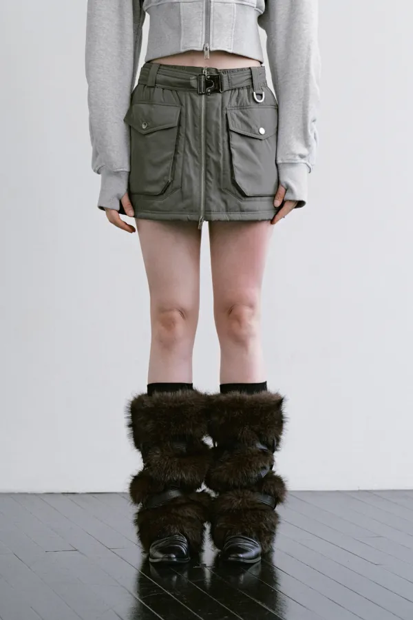 Front Zip Padded Mini Skirt [ Khaki ]