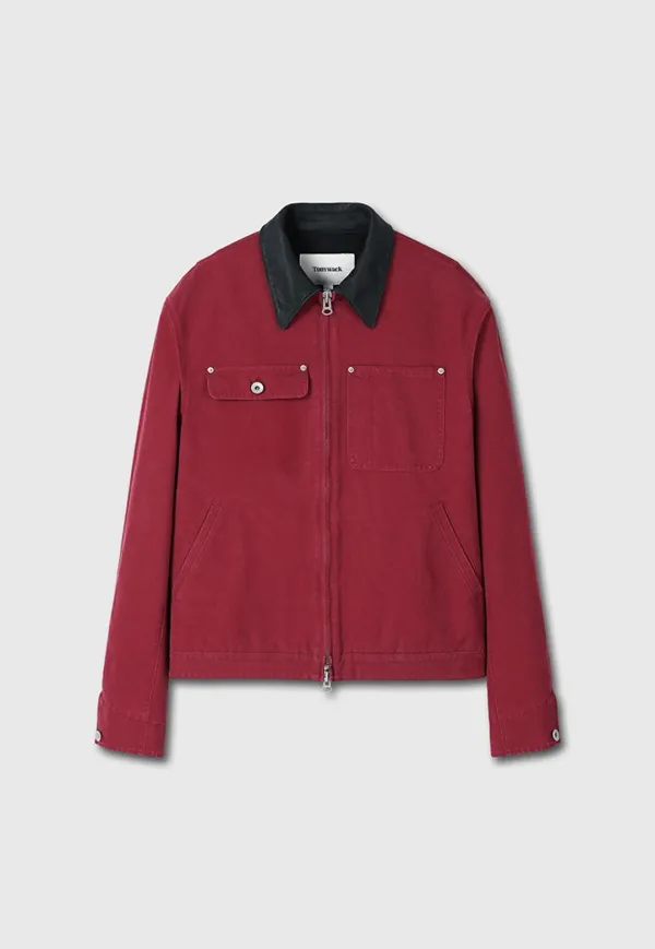 Leather Collar Garment-Washed Rivet Work Jacket_ Red