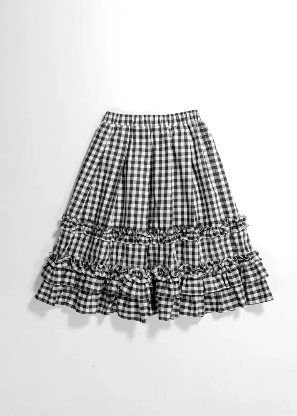 RUFFLE PLEATED MIDI CHECK SKIRT - BLACK CHECK