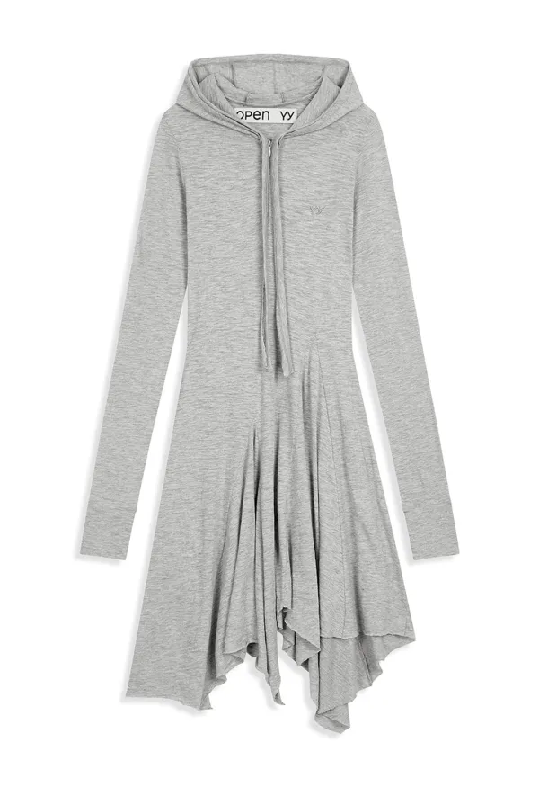 HOODED JERSEY DRESS, GRAY