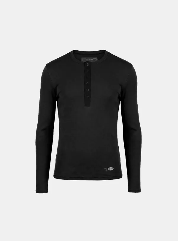 [w-tee26-044] BS Cotton Jersey Fitted Henley Neck Long Sleeve T-Shirt - Black