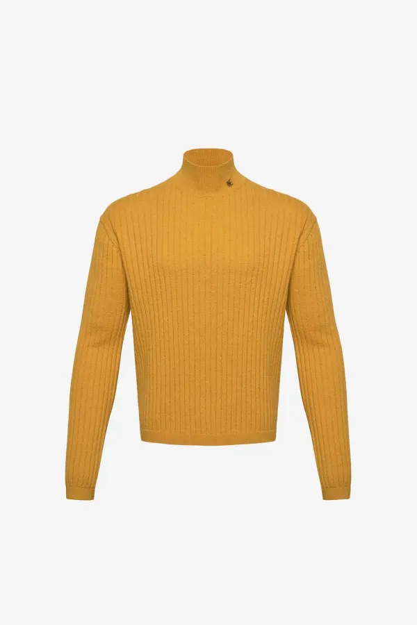 LOGO RIBBED HIGH NECK KNIT TOP - MUSTARD