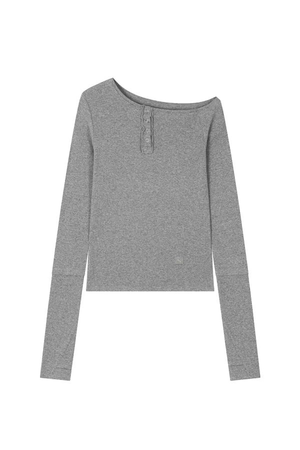 One-Shoulder Henley Neck Long Sleeve [ Melange Gray ]