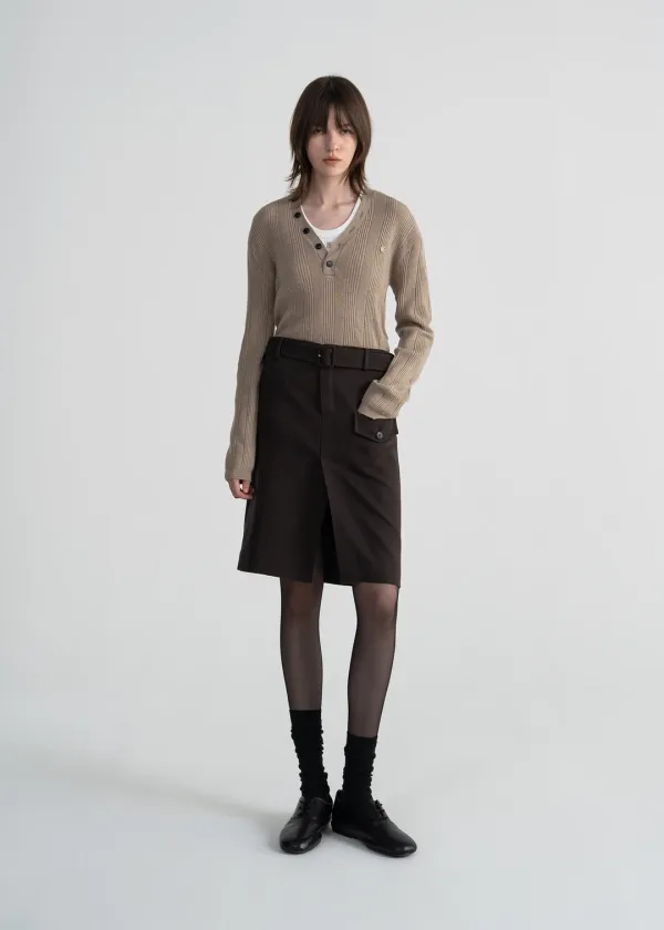 (UNI) MERINO WOOL V-NECK RIBBED KNIT TOP - BEIGE