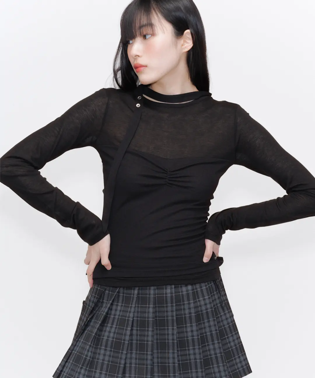 미세키서울 Sheer layered scarf long sleeves BLACK 상품 이미지 2