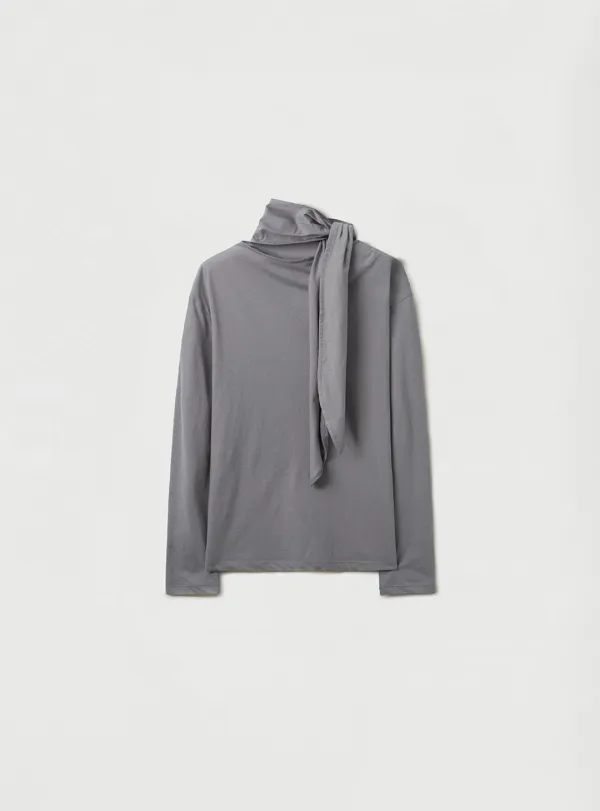LACE TIE JERSEY TOP - CHARCOAL