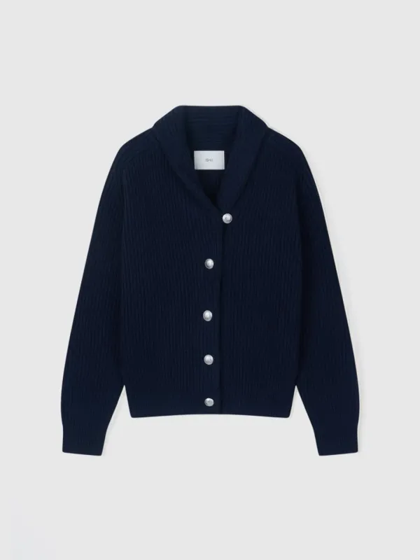 Concho Button Shawl Collar Cardigan (Navy)
