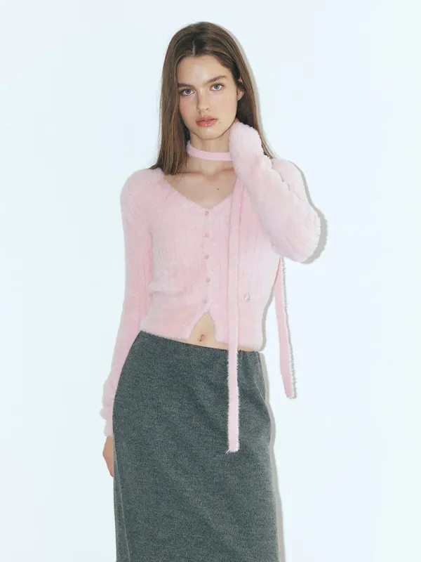 Fluffy Scarf Knit Cardigan, Pink