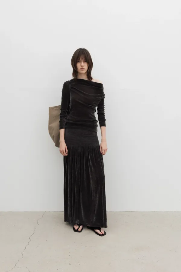 [2nd] [Exclusive] Vintage Velvet Shirring Skirt (Dark Gray)