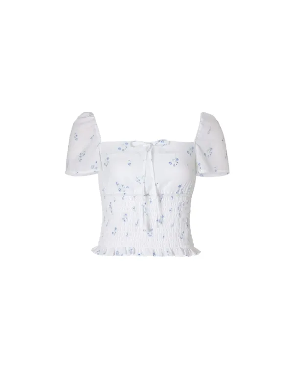 [아현 착용] Floral puff blouse (White)