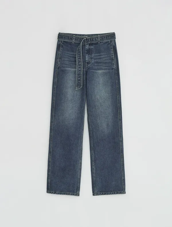 STITCHED BELT DENIM PANTS [BLUE]