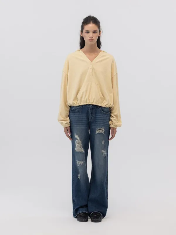 DAMAGE CINCH BACK ROLL-UP JEANS (BLUE)