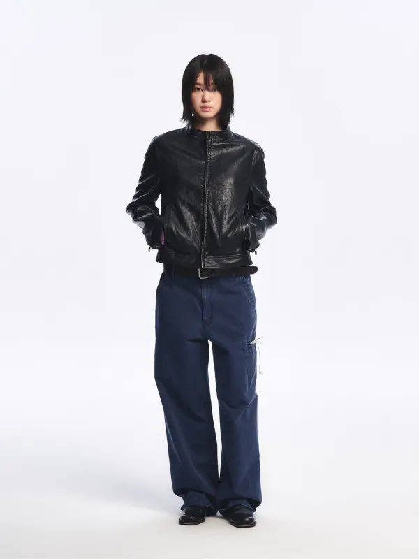 Side-Tab Artificial Leather Short Jacket_Black