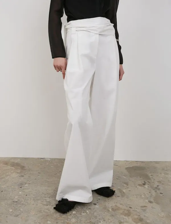 BELTED DROP COTTON PANTS [WHITE]