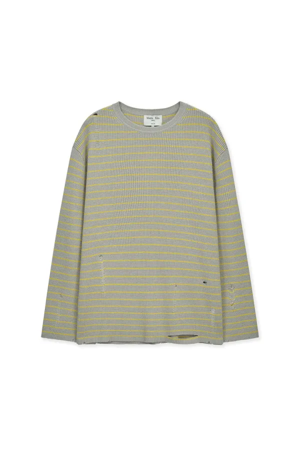 STRIPE DAMAGED LOOSE PULLOVER IN BEIGE