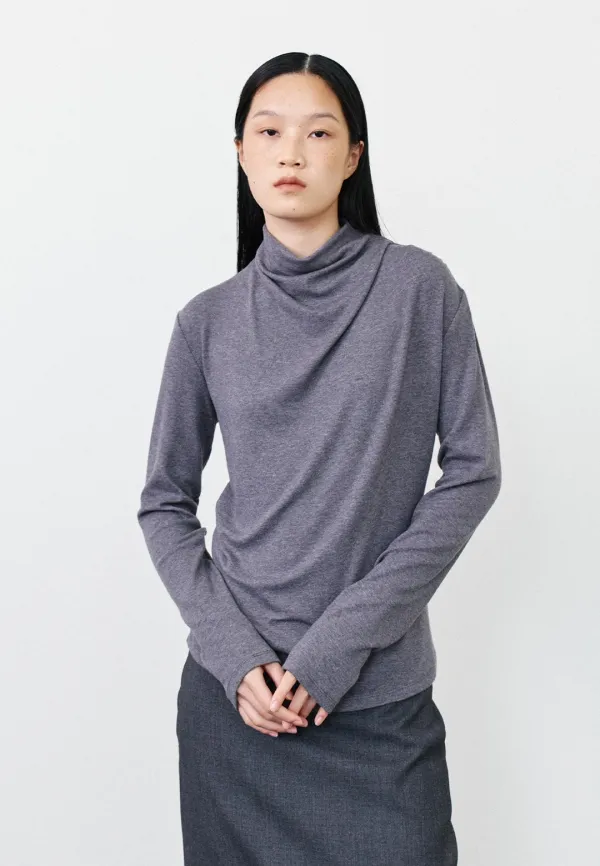 COWL NECK SHIRRING T-SHIRT - CHARCOAL