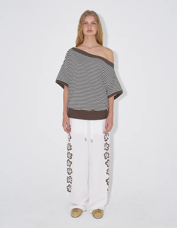 STRIPE ONE-SHOULDER TEE, BROWN