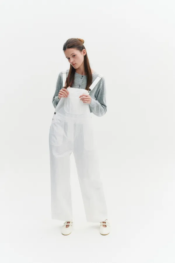 Lace Trimming Overall Pants White