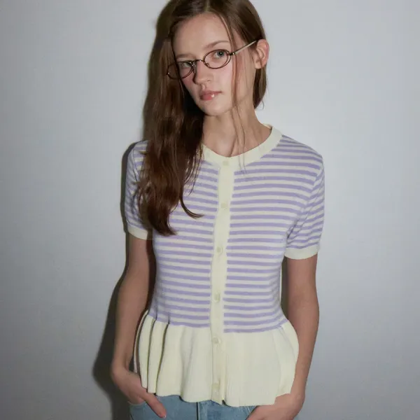 RUFFLE SHORT SLEEVE KNIT CARDIGAN PURPLE CREAM