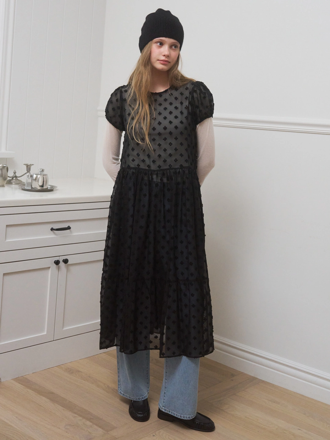어몽 A SHEER PUFF SLEEVE DRESS_BLACK 상품 이미지 3