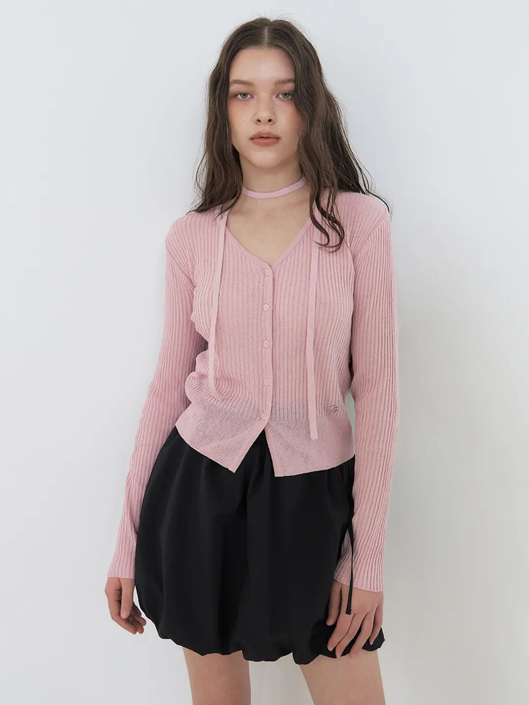 에트몽 Linen Scarf Knit Cardigan, Light Pink 상품 이미지 1